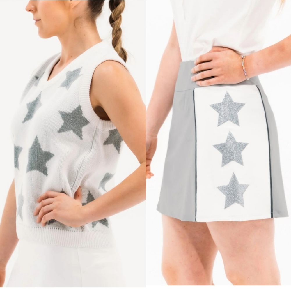 Foray Golf Set America Glitter Star Skirt  and Sweater Vest Size XS Gray Color